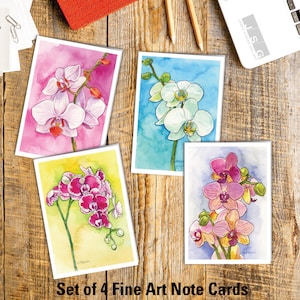 Notizkarten mit Orchideen-Aquarell, 4er-Set von James Steeno. Botanische Grußkarten, Dankeschön-Innenseite, alle Anlasskarten leer