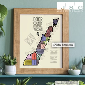 Door County Wisconsin Typography Map Art Print by James Steeno (Fish Creek, Sister Bay, Ephraim, Lake Michigan, Washington Island)