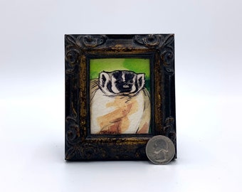 American Badger Framed Miniature Watercolor Art Print by James Steeno Mini Art, Small Art, Tiny Art, Animal Art