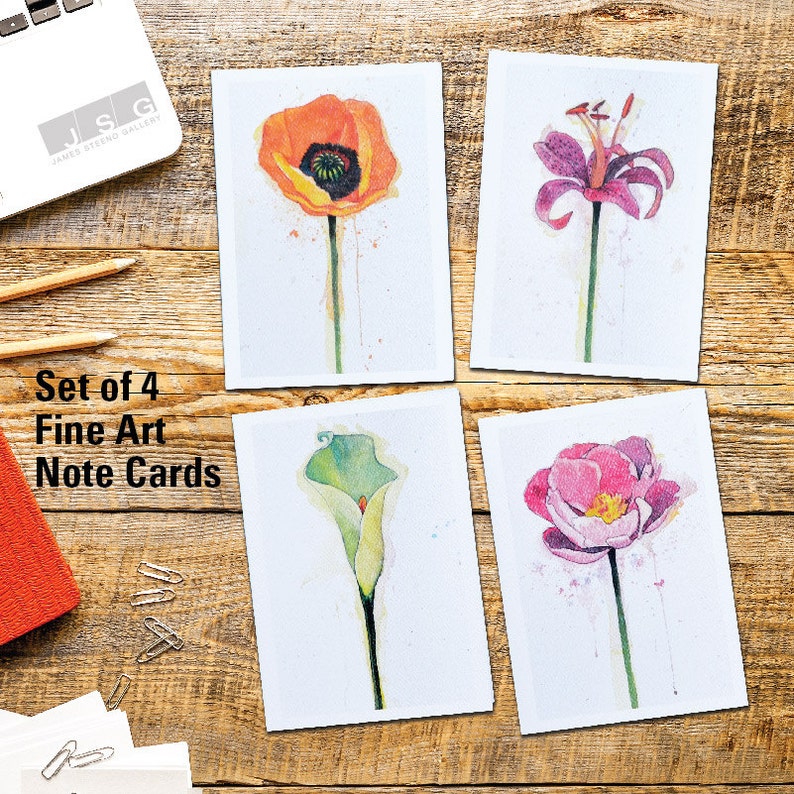 Splash of Color Floral Watercolor Fine Art Note Card Set of 4 Greeting ...