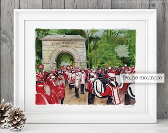 May include: A watercolor painting of a marching band in red uniforms walking through a stone archway with the words "Camp Randall" above the archway.