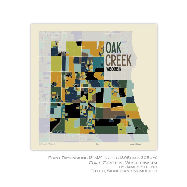 Oak Creek Wisconsin Art Map Print milwaukee County by James Etsy