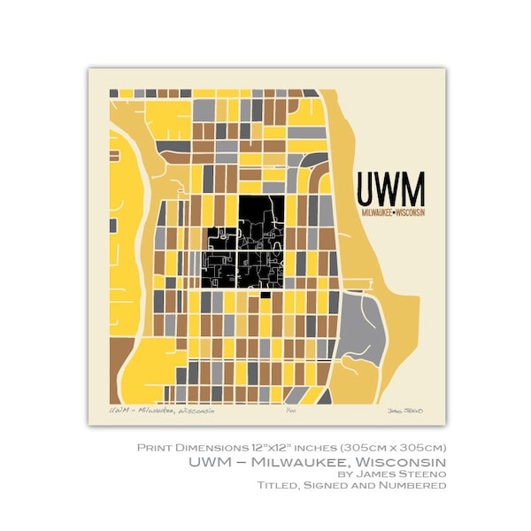 UWM – Stampa della mappa artistica del campus dell'Università di Milwaukee, Wisconsin, di James Steeno