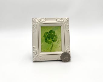 4-Leaf Clover Framed Miniature  Watercolor Art Print by James Steeno Mini Art, Small Art, Tiny Art, Good Luck Art, Miniature Art, Micro Art
