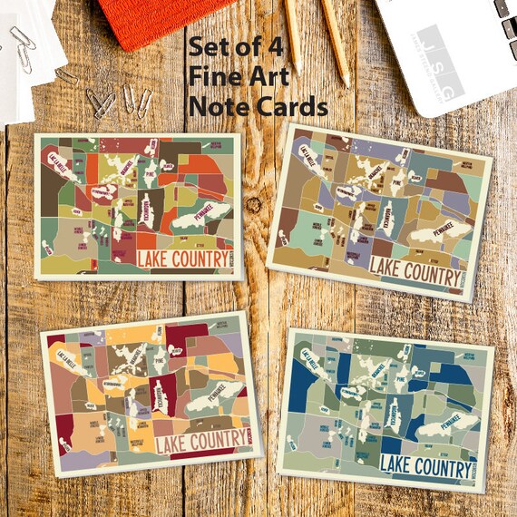 Lake Country Wisconsin Waukesha County Art Map Note Card Set | Etsy