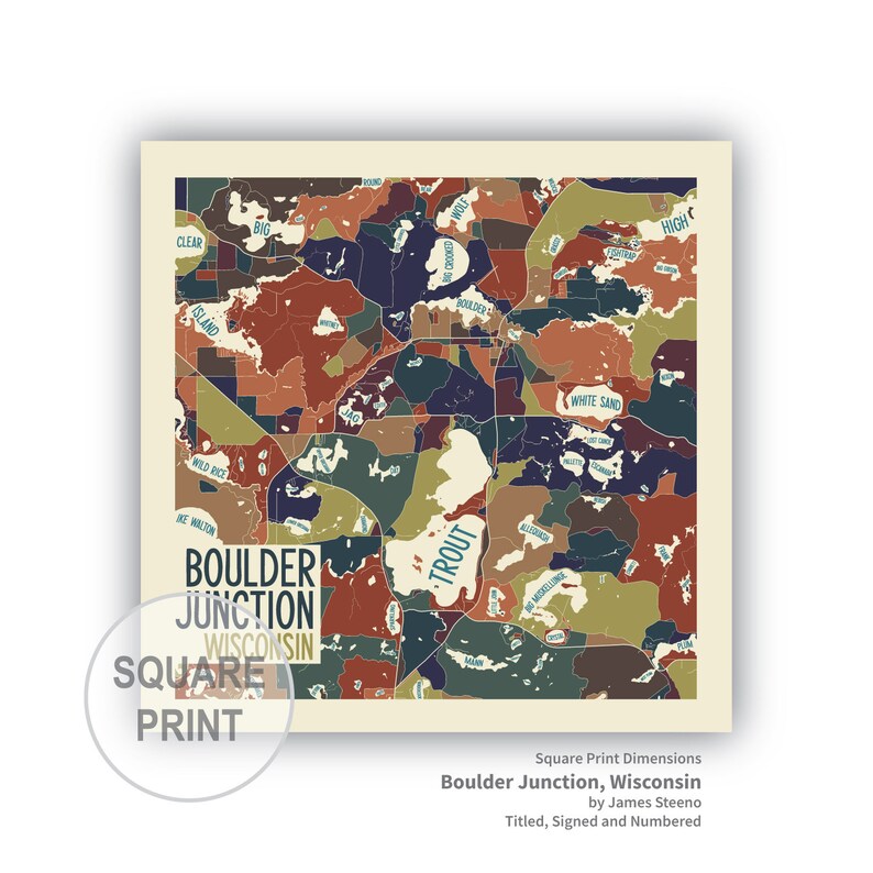 Boulder Junction Wisconsin Art Map Print by James Steeno Etsy