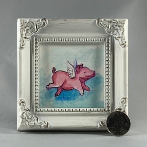Flying Pig Square Framed Miniature Watercolor Art Print by James Steeno Mini Art, Small Art, Tiny Art, Pig, Piggy, Farm Art