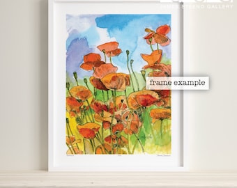 Poppies Pen/Ink & Watercolor Art Print by James Steeno (Cottage Garden Flowers)