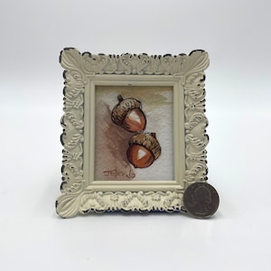 Acorns Framed Miniature Watercolor Art Print by James Steeno Mini Art, Small Art, Tiny Art, Fall Art Ornate Off White