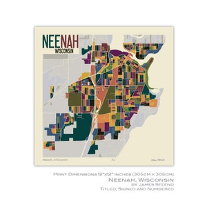 Neenah, Wisconsin Art Map Print (Winnebago County, Fox Cities, Doty Island, Lake Winnebago) door James Steeno