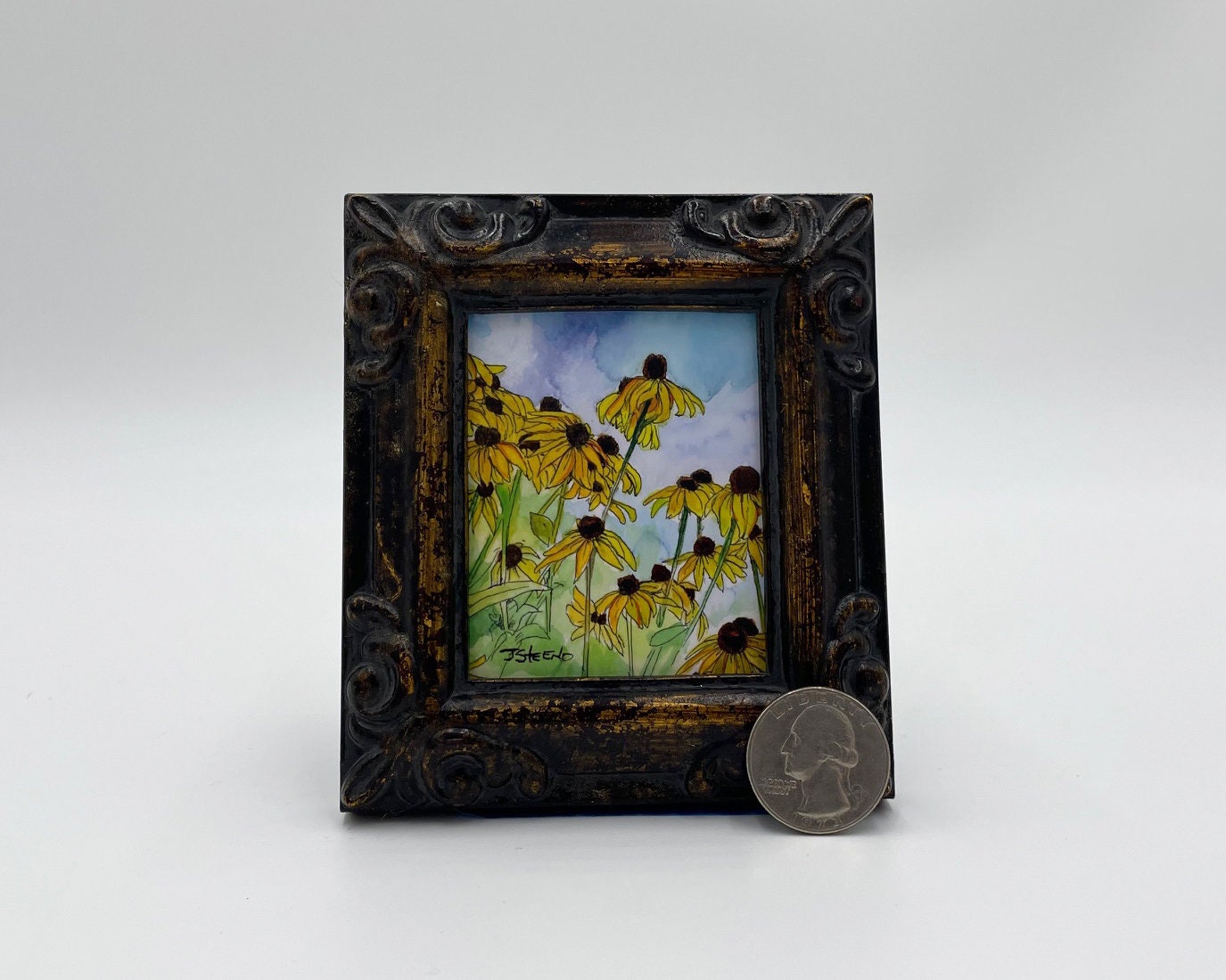 Black-Eyed Susans Framed Miniature Watercolor Art Print by James Steeno Mini Art, Small Art, Tiny Art, Garden Art, Floral Art