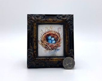 Nest of Bird Eggs Framed Miniature Watercolor Art Print by James Steeno Mini Art, Small Art, Tiny Art, Bird Art