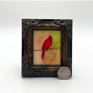 Roter Kardinal Kardinal eingerahmt Miniatur Aquarell Kunstdruck von James Steeno Mini Kunst, kleine Kunst, kleine Kunst, Vogel Kunst