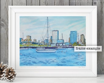May include: A watercolor painting of a cityscape with a sailboat in the foreground. The city skyline is in the background with several buildings, including a tall skyscraper. The water is a light blue color and the sky is a light blue with white clouds.