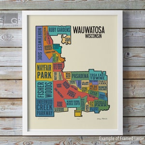 Impression d'art carte typographie des quartiers de Wauwatosa Wisconsin par James Steeno (TOSA) Comté de Milwaukee WI