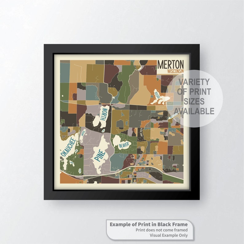 Merton Wisconsin Art Map Print Waukesha County WI Lake Etsy