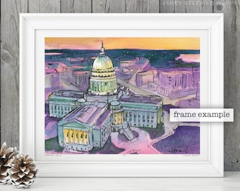Madison Dawn Pen, Ink and Watercolor Art Print by James Steeno (Dane County) Madison Wisconsin State Capitol