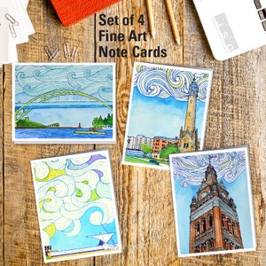 Milwaukee Wisconsin Swirls aquarel notitiekaart Set van 4 wenskaarten van James Steeno Bedankt blanco binnenkant alle gelegenheidskaarten