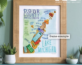 Door County Wisconsin Watercolor Fun Map Art Print by James Steeno (Fish Creek, Sister Bay, Ephraim, Egg Harbor, Sturgeon Bay)