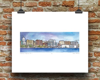 Madison Wisconsin Skyline No 1 (Wyldhaven Park, Monona View) Pen, Ink and Watercolor Art Print by James Steeno (Lake Monona Dane County)