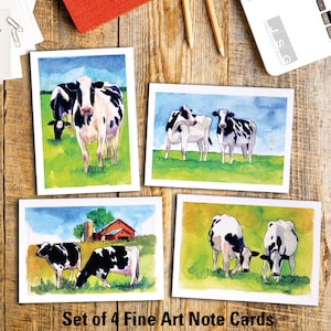 Juego de 4 tarjetas de notas de acuarela de 2 vacas de James Steeno, tarjetas de felicitación de bellas artes, agradecimiento, interior en blanco, tarjetas para todas las ocasiones, vaca de granja