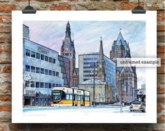 May include: A watercolor painting of a city street scene with a yellow streetcar in the foreground. The streetcar is driving past a church and other buildings. The scene is set in winter with snow falling.