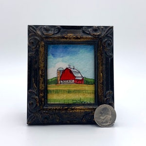 Red Barn Framed Miniature Watercolor Art Print by James Steeno Mini Art, Small Art, Tiny Art, Farm Art