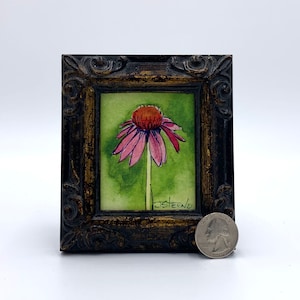 Purple Coneflower Framed Miniature Watercolor Art Print by James Steeno Mini Art, Small Art, Tiny Art, Floral Art