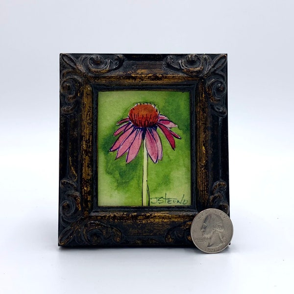 Purple Coneflower Framed Miniature Watercolor Art Print by James Steeno Mini Art, Small Art, Tiny Art, Floral Art