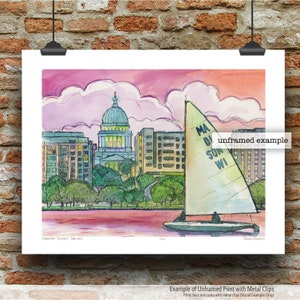 Madison Sonnenuntergang Segeln Wisconsin Skyline Stift, Tinte und Aquarell Kunstdruck von James Steeno (Lake Monona Dane County Madison Wisconsin)