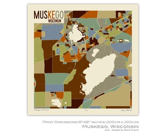 Muskego, Wisconsin Art Map Print (Waukesha County) by James Steeno (Musekgo Lake, Little Muskego Lake, Lake Denoon)