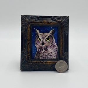 Great Horned Owl Framed Miniature Watercolor Art Print by James Steeno Mini Art, Small Art, Tiny Art, Bird Art, Raptor Art