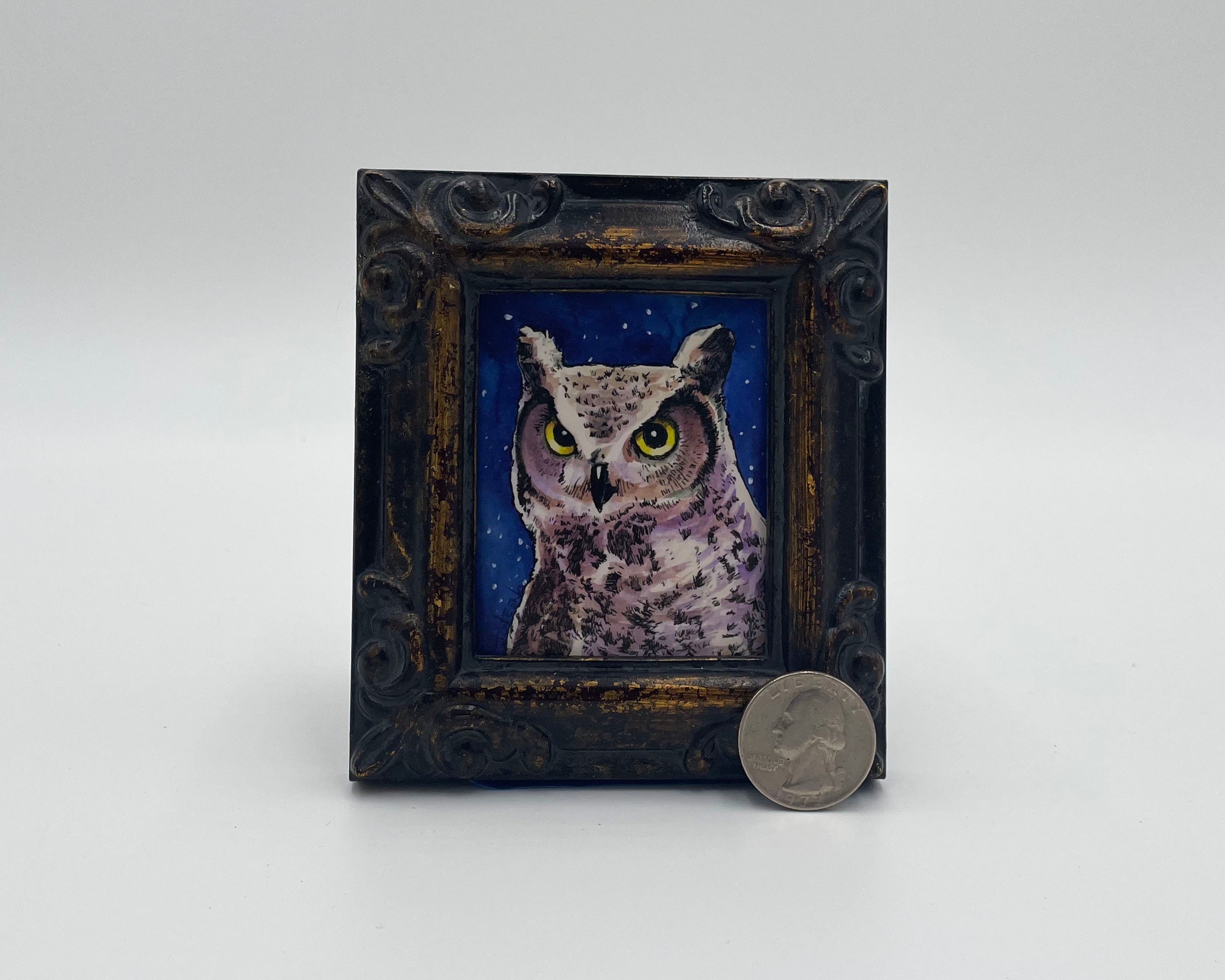 Great Horned Owl Framed Miniature Watercolor Art Print by James Steeno Mini Art, Small Art, Tiny Art