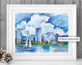 MKE Happy Clouds, Ink and Watercolor Art Print by James Steeno (Milwaukee, Wisconsin) Milwaukee Skyline