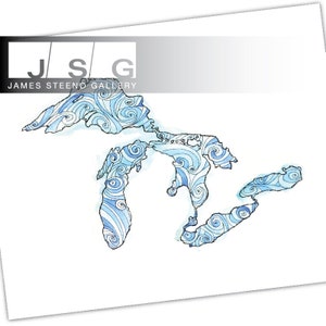 Great Lakes Doodle Pen Ink and Watercolor Art Print by James Steeno Lake Michigan, Lake Superior, Lake Erie, Lake Huron, Lake Ontario