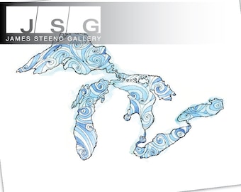 Great Lakes Doodle Pen Ink and Watercolor Art Print by James Steeno Lake Michigan, Lake Superior, Lake Erie, Lake Huron, Lake Ontario
