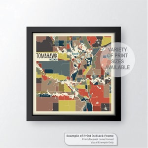 May include: A colorful map print of Tomahawk, Wisconsin, framed in black. The map shows the city's streets and neighborhoods in a variety of colors. The print is available in a variety of sizes.