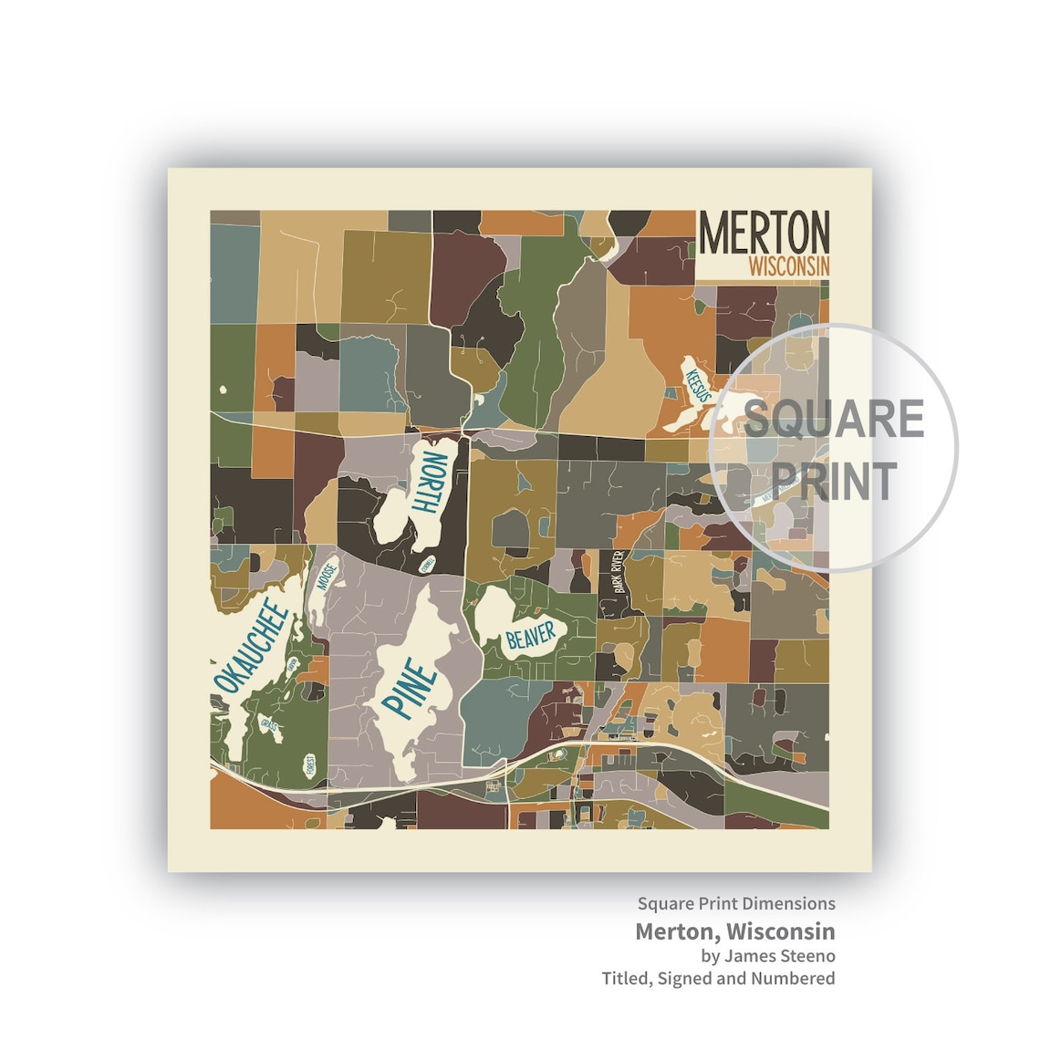 Merton Wisconsin Art Map Print Waukesha County WI Lake Etsy