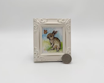 Bunny Butterfly Framed Miniature Watercolor Art Print by James Steeno Mini Art, Small Art, Tiny Art, Animal Art, Easter, Spring, Micro Art