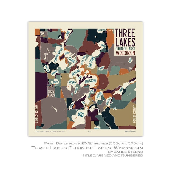 Three Lakes Chain Of Lakes Wisconsin Art Map Print Oneida Etsy