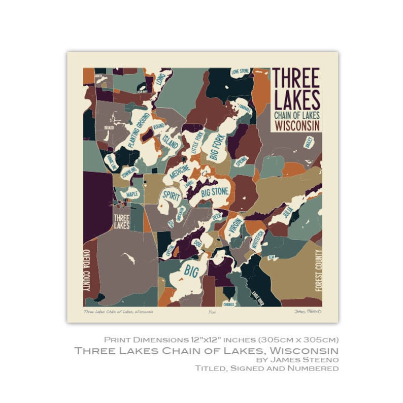 Three Lakes Chain of Lakes, Wisconsin Art Map Print (oneida County) by