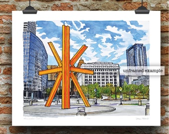May include: A watercolor painting of a cityscape with a large orange sculpture in the foreground. The sculpture is made of four large beams that intersect in the middle. The cityscape is in the background and includes tall buildings and trees. The sky is blue with white clouds. The painting is titled "Milwaukee Calling" and signed by the artist.