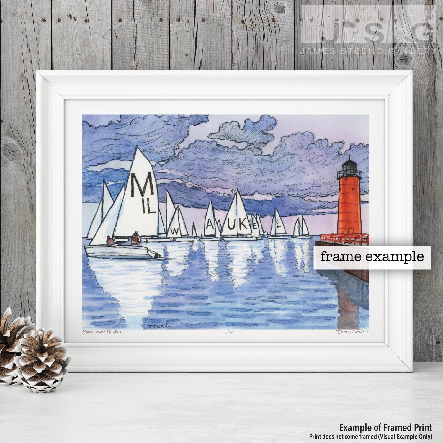 Milwaukee Harbor, Ink and Watercolor Art Print by James Steeno (Milwaukee Pierhead Lighthouse Milwaukee, Wisconsin)
