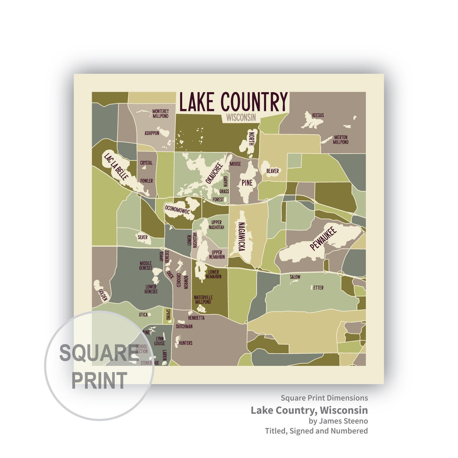 Lake Country Wisconsin Art Map Print Waukesha County by | Etsy
