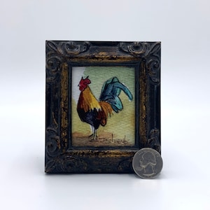 Hahn gerahmt Miniatur Aquarell Kunstdruck von James Steeno Mini Kunst, kleine Kunst, kleine Kunst, Bauernhof Kunst, Huhn