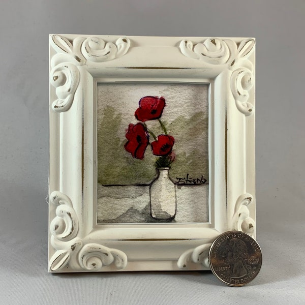 Vase of Poppies Framed Miniature Watercolor Art Print by James Steeno Mini Art, Small Art, Tiny Art, Floral Art, Poppy