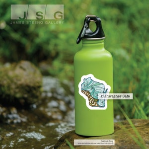 May include: A green water bottle with a sticker of the state of Wisconsin with the word "Driftless" written inside. The sticker is dishwasher safe.