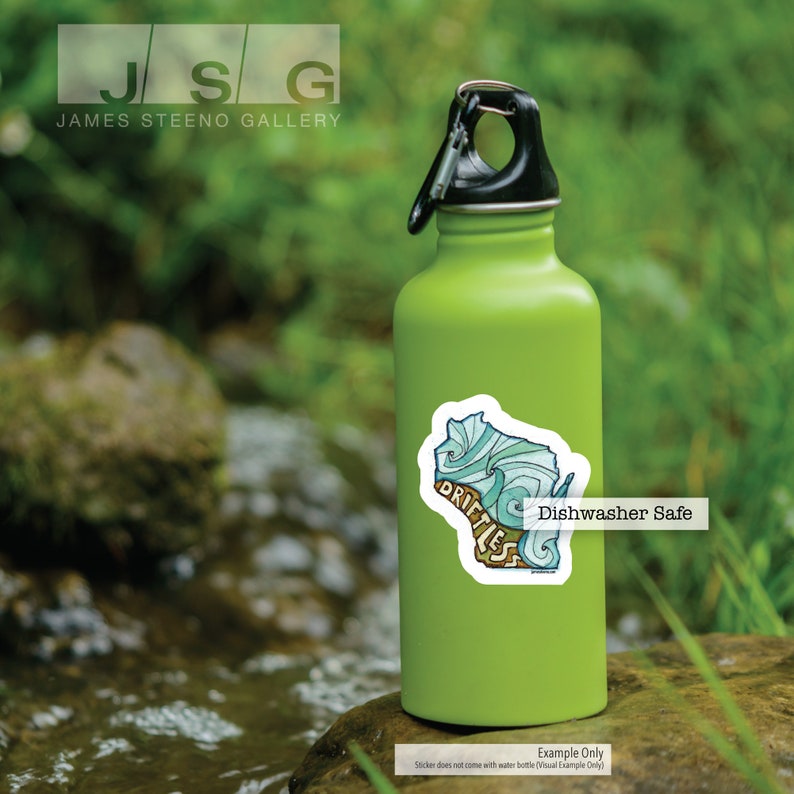 May include: A green water bottle with a sticker of the state of Wisconsin with the word "Driftless" written inside. The sticker is dishwasher safe.