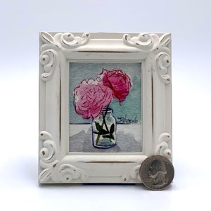 Bouquet of two Pink Peonies Framed Miniature Watercolor Art Print by James Steeno Mini Art, Small Art, Tiny Art, Floral Art, Peony Art