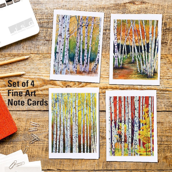 Birches Watercolor Fine Art Note Card Set of 4 by James Steeno Birch Tree Greeting Cards Thank You Blank Inside All Occassion Cards